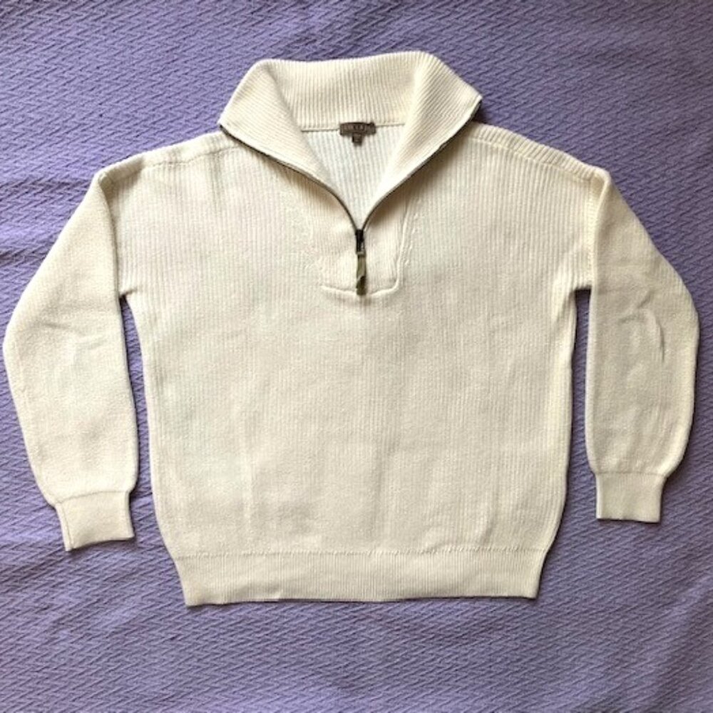 Lilla P Half Zip Cotton-Cashmere Blend Rib Knit Pullover in Starch, SIze M